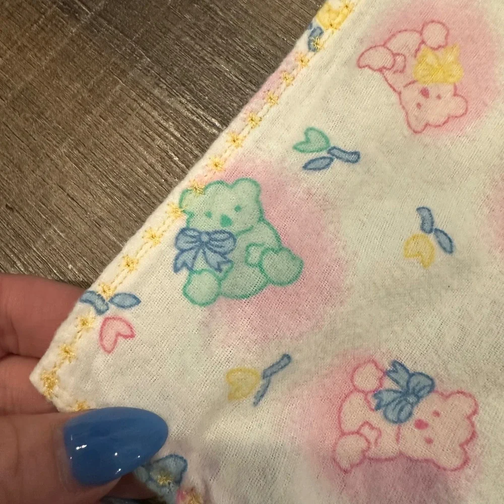 Vintage Pastel Teddy Bear Sun Floral Receiving Blanket White Cotton Flannel